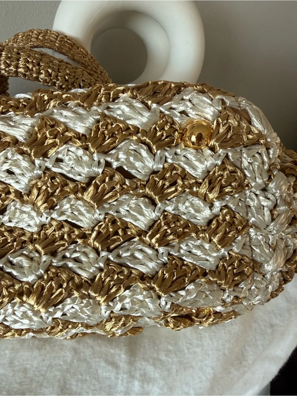 Prada Triangle Raffia Canapa Tote -  Gold & White